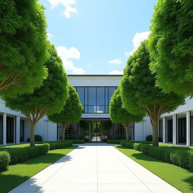 Immaculately manicured trees at a commercial entrance in Loxahatchee