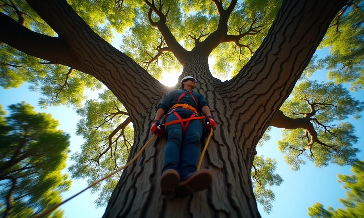 Professional arborist climbing a large oak tree with safety gear above Palm Beach County landscape