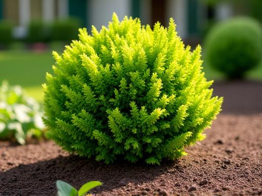New landscape shrub installation in a residential garden, freshly planted