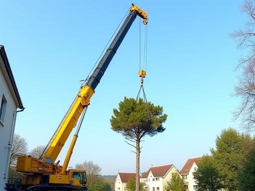 Crane lifting a large tree section during removal in a residential area